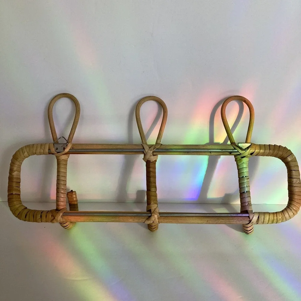 Vintage Rattan Bamboo 3 Hook Coat Rack Hanger Wall Mount 14.5